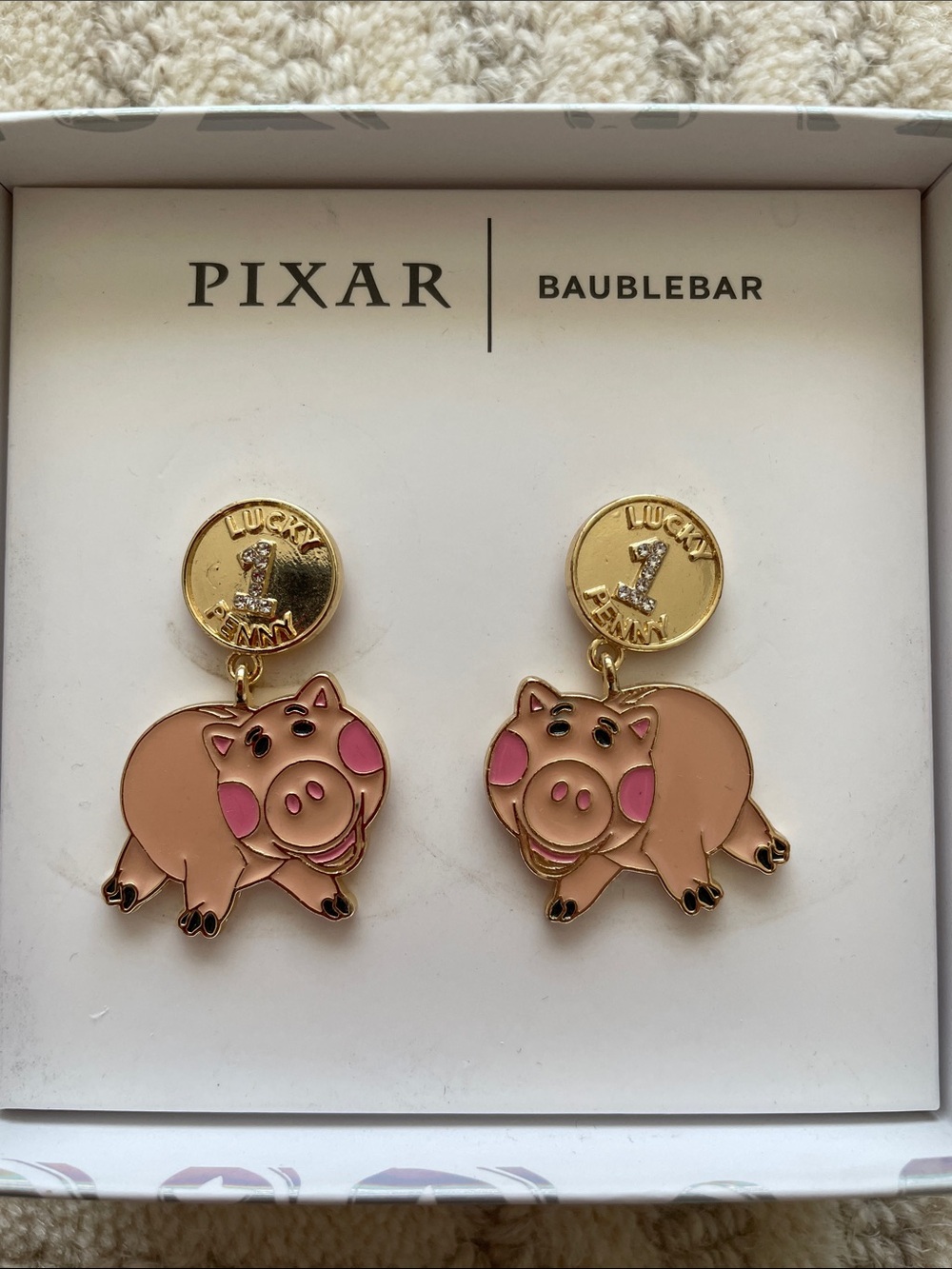 Disney Pixar BaubleBar Toy Story Pink Hamm Pig Dangle Earrings with Gold Coins